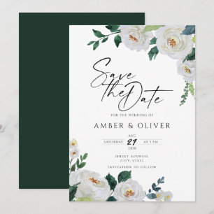 Elegant Emerald Ivory White Floral Save The Date  Invitation