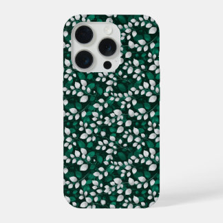 Elegant Emerald Leaf White Floral Pattern iPhone 15 Pro Case