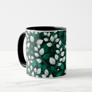 Elegant Emerald Leaf White Floral Pattern Mug