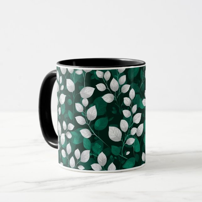 Elegant Emerald Leaf White Floral Pattern Mug (Front Left)