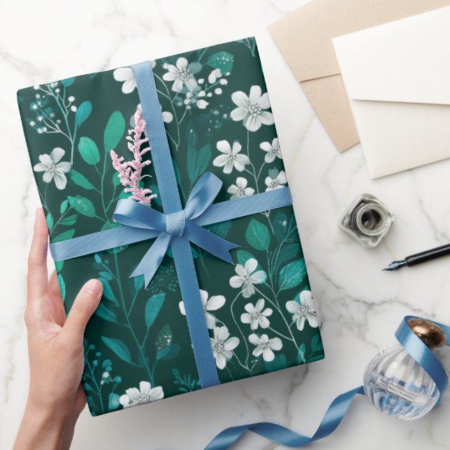 Elegant Emerald Leaf White Floral Pattern Wrapping Paper (Gifting)