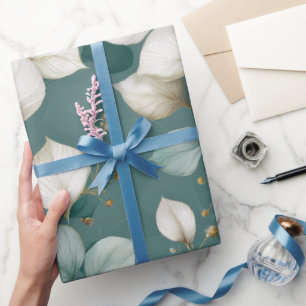 Elegant Emerald Leaf White Floral Pattern Wrapping Paper