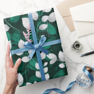 Elegant Emerald Leaf White Floral Pattern Wrapping Paper