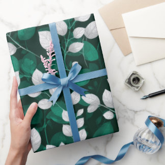 Elegant Emerald Leaf White Floral Pattern Wrapping Paper