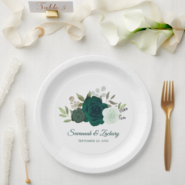Elegant Emerald & Mint Green Roses Wedding Paper Plates (Wedding)
