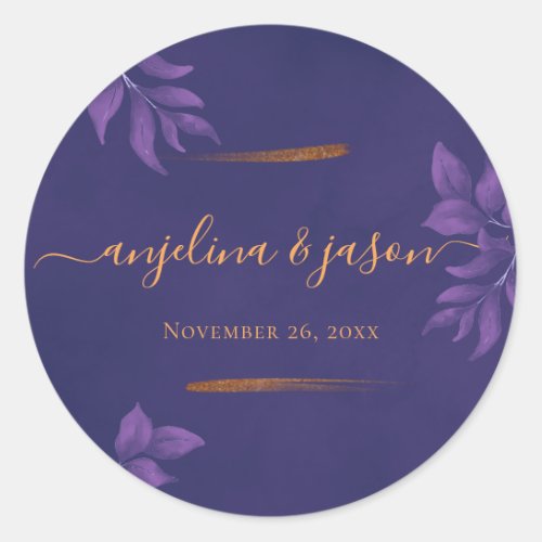 Elegant Emerald Purple  Gold Eucalyptus Wedding  Classic Round Sticker