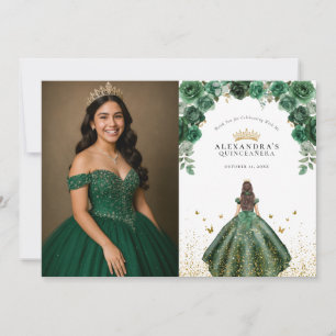 Elegant Emerald Quinceañera Floral Faux Foil Photo Thank You Card