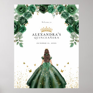 Elegant Emerald Quinceañera Floral Faux Foil Poster