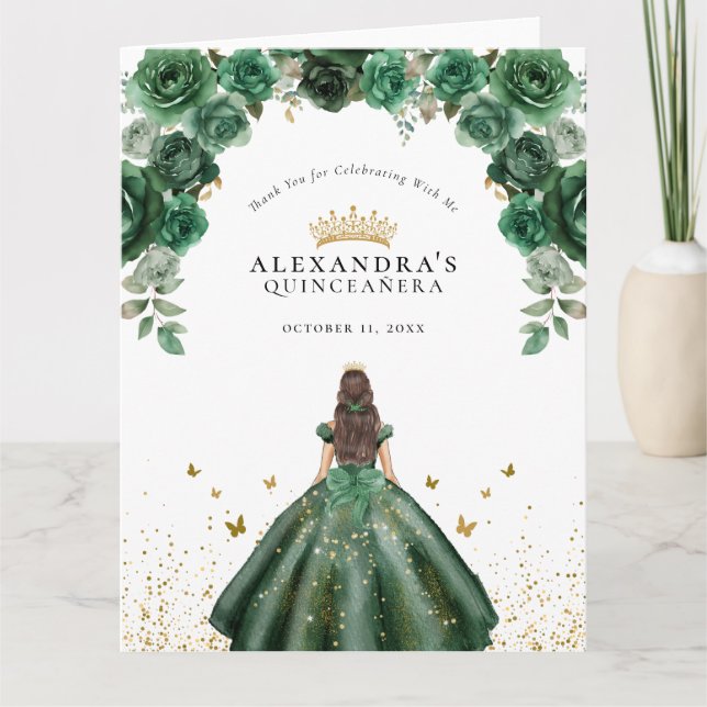 Elegant Emerald Quinceañera Floral Faux Foil Thank You Card (Front)