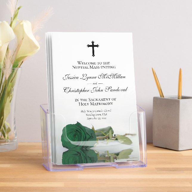 Elegant Emerald Rose Posh Catholic Wedding Program Brochure (Insitu)