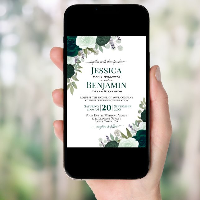 Elegant Emerald & Sage Green Roses Boho Wedding Invitation (Front Digital)