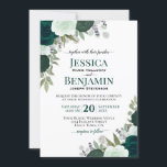 Elegant Emerald & Sage Green Roses Boho Wedding Invitation<br><div class="desc">This beautiful wedding invitation features a gorgeous hand painted watercolor floral design in shades of emerald and sage green. The rustic boho chic roses are surrounded by garden foliage including eucalyptus leaves, sprigs of lavender, and baby's breath. The sophisticated typography includes fancy script calligraphy highlights. The back is a deep...</div>