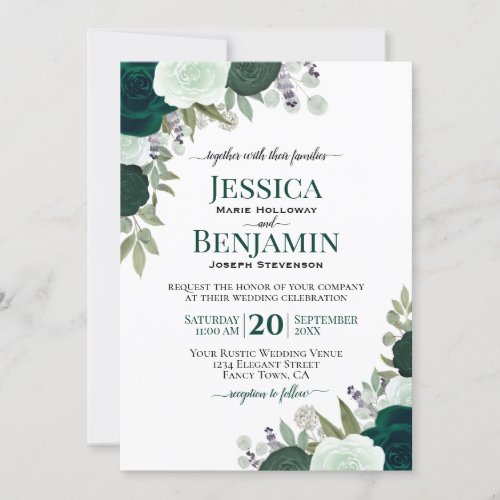 Elegant Emerald  Sage Green Roses Boho Wedding Invitation