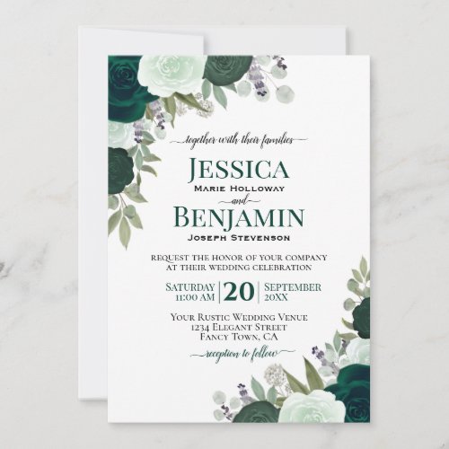 Elegant Emerald  Sage Green Roses Boho Wedding Invitation