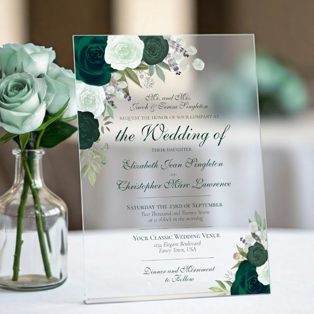 Elegant Emerald & Sage Green Roses Formal Wedding Acrylic Invitations (Frosted Acrylic with Rectangle Cut)
