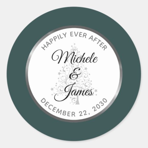 Elegant Emerald Silver Winter Holiday Wedding Classic Round Sticker