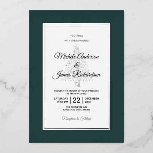 Elegant Emerald Silver Winter Holiday Wedding Foil Invitation