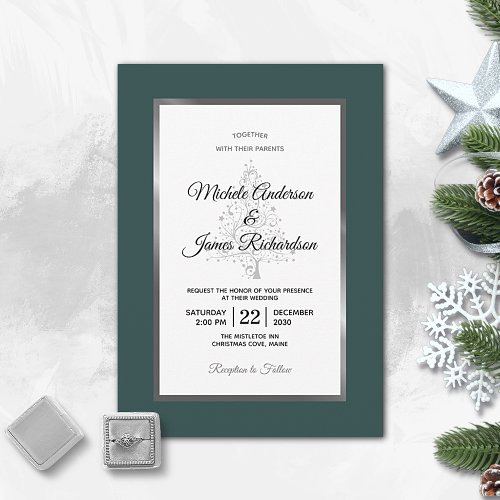 Elegant Emerald Silver Winter Holiday Wedding Invitation