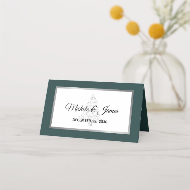 Elegant Emerald Silver Winter Holiday Wedding Place Card (Front)