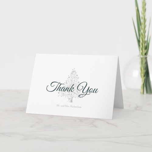 Elegant Emerald Silver Winter Holiday Wedding Thank You Card
