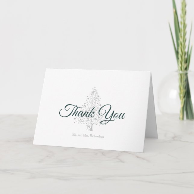 Elegant Emerald Silver Winter Holiday Wedding Thank You Card (Front)