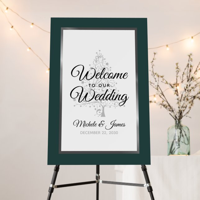 Elegant Emerald Silver Winter Wedding Welcome Foam Board (In Situ (Stand))