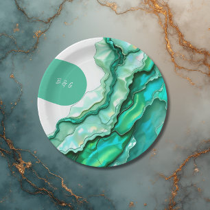 Elegant Emerald Teal Marble Watercolor Wedding Paper Plates