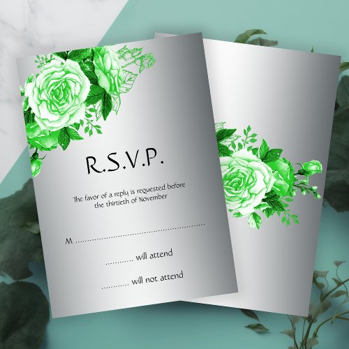 Elegant Emerald Watercolor Roses and Silver RSVP Invitation