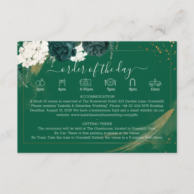 Elegant Emerald Watercolor Script Rose Wedding  Enclosure Card (Front)