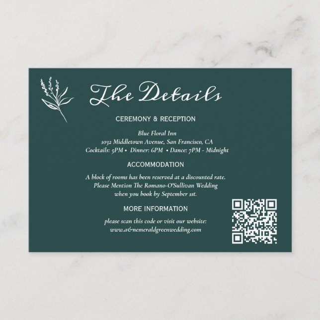 Elegant Emerald Wedding Details Card with QR Code (Front)