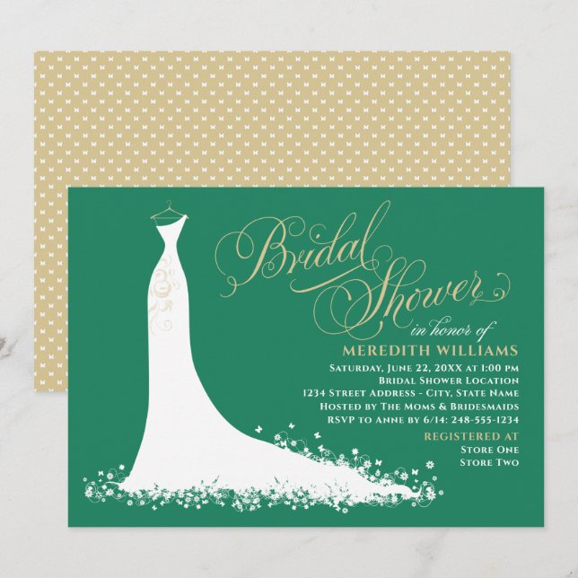 Elegant Emerald Wedding Gown Bridal Shower Invitation (Front/Back)