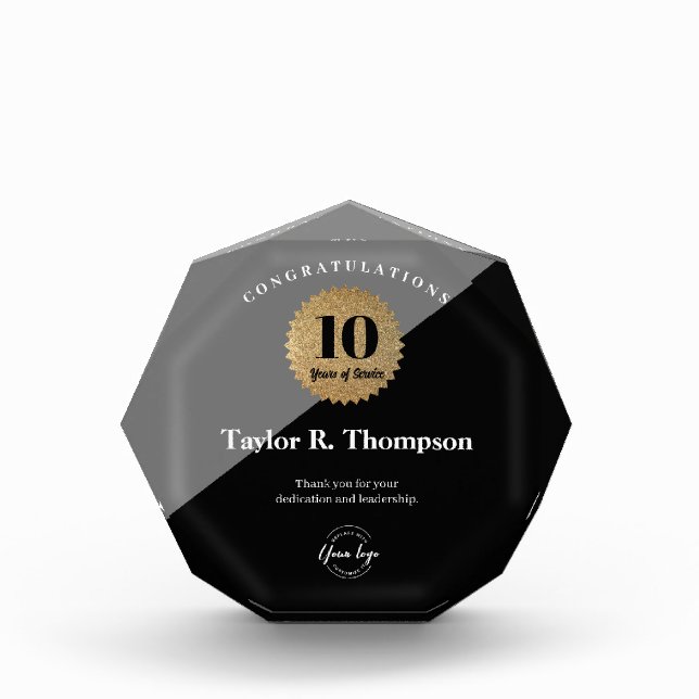 Elegant Employee 10 years service Gold Seal logo Acrylic Award (Front)