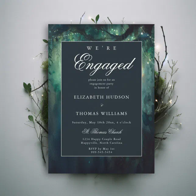 Elegant Enchanted Forest Emerald Engagement Party Invitation | Zazzle