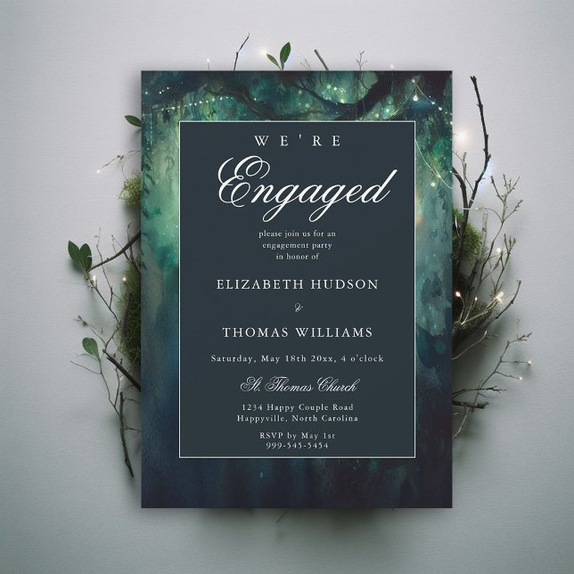 Elegant Enchanted Forest Emerald Engagement Party Invitation (enchanted forest were engaged engagement party invitation emerald classic elegant modern garden)
