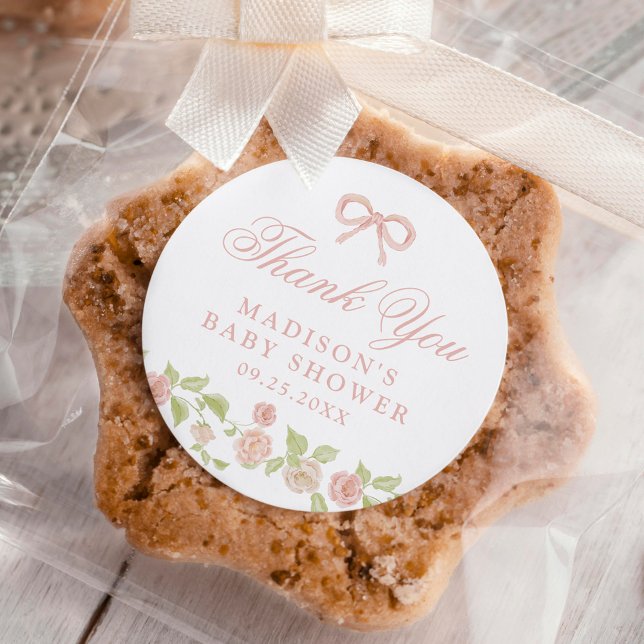 Elegant Enchanted Pink Floral Baby Shower Classic Round Sticker (Creator Uploaded)