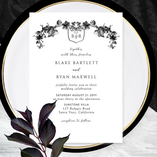 Elegant Enchanting Black Garlands Monogram Wedding Invitation