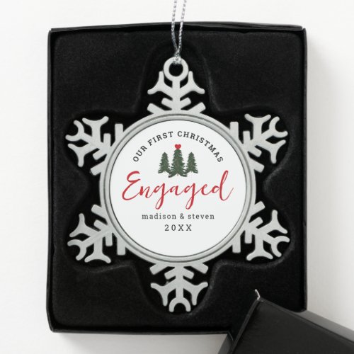 Elegant Engaged First Christmas Snowflake Pewter Christmas Ornament