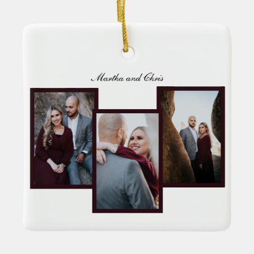 Elegant Engaged Married Script 3 Photo Collage Red Ceramic Ornament