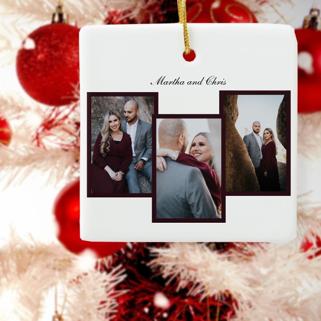 Elegant Engaged Married Script 3 Photo Collage Red Ceramic Ornament (Creator Uploaded)