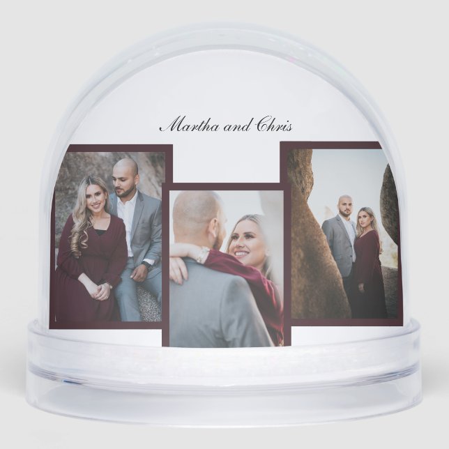 Elegant Engaged Married Script 3 Photo Collage Red Snow Globe (Front)