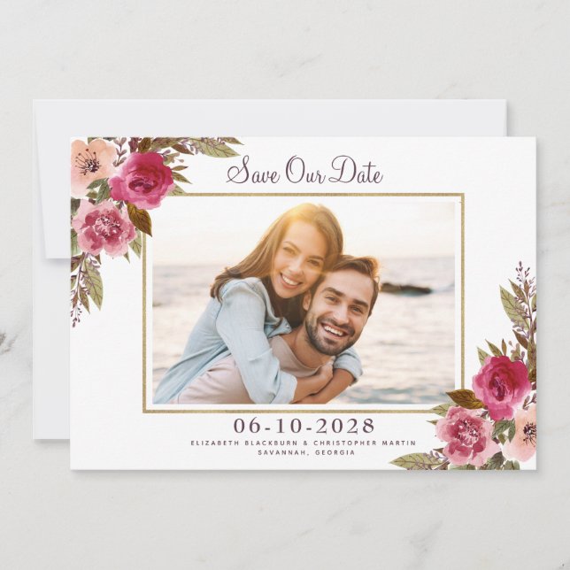 Elegant Engaged Photo Floral Wedding Gold Frame Save The Date (Front)