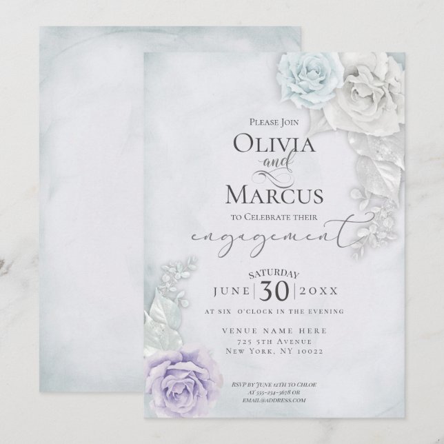 Elegant Engagement Blue Lilac and Ivory Roses Invitation (Front/Back)