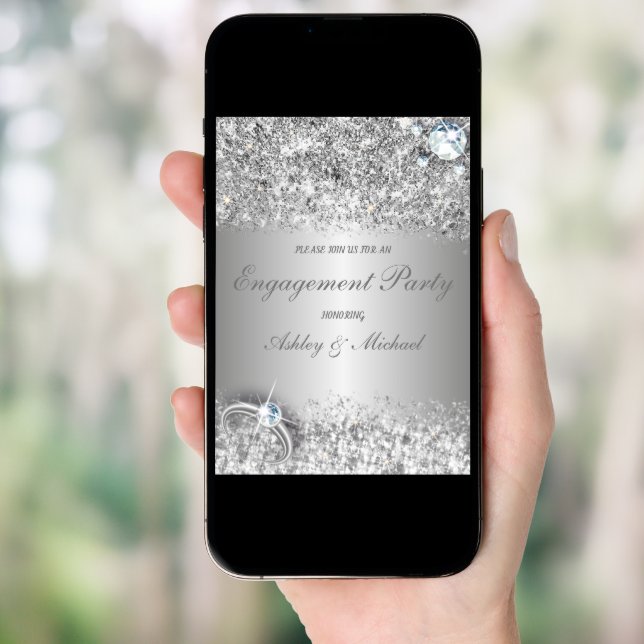 elegant engagement party chic silver glitter invitation (Front Digital)