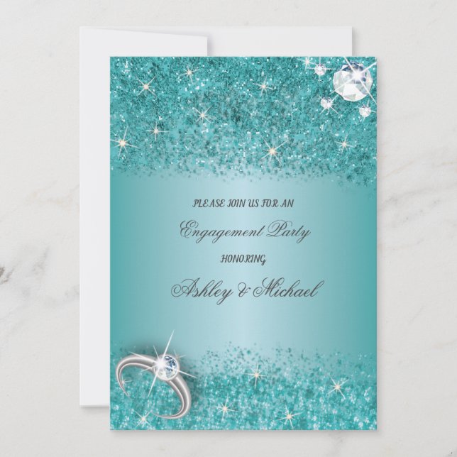 elegant engagement party chic turquoise glitter invitation (Front)