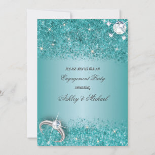elegant engagement party chic turquoise glitter invitation