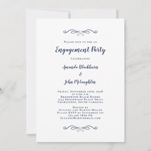 Elegant Engagement Party Couple Calligraphy Blue Invitation
