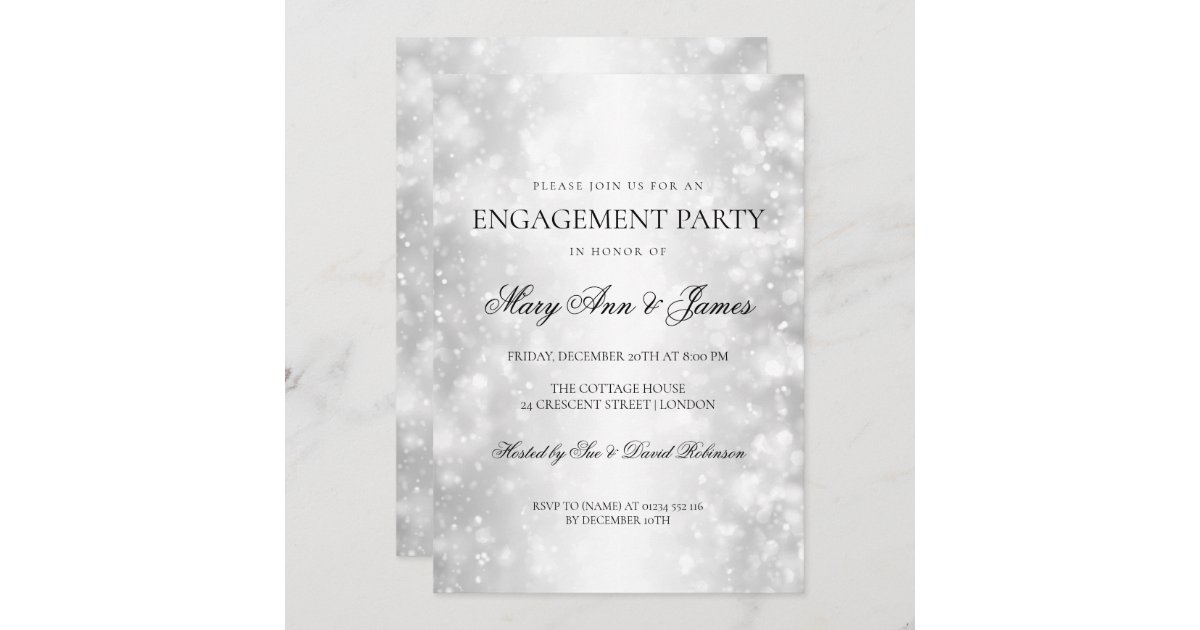 Elegant Engagement Party Silver Shimmer Lights Invitation | Zazzle