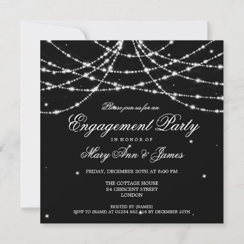 Elegant Engagement Party Sparkling String Black 5.25x5.25 Square Paper Invitation Car...
