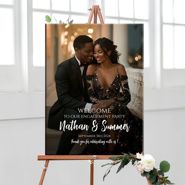 Elegant engagement party welcome sign with photo (Creator Uploaded)