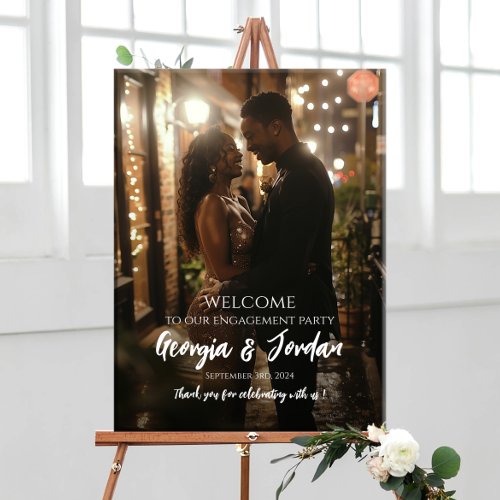 Elegant engagement party welcome sign with photo